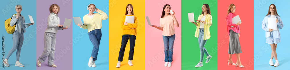 Poster set of female programmers on color background