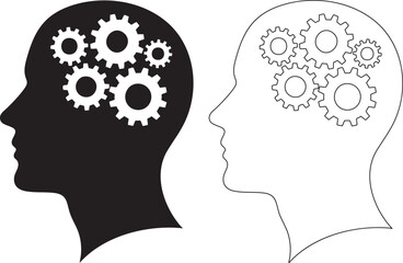 Human head gears tech logo, Cogwheel engineering technological inside brain, Artificial intelligence, Simple flat design icon symbol, Isolated on white