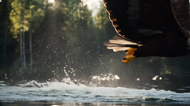 A majestic eagle swooping down over a vast river, catching its prey with powerful talons