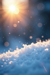 Close-up of sparkling snowflakes under bright winter sun, sunrays, outdoors