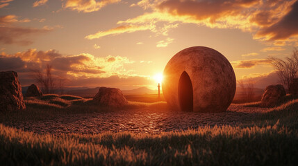 A traditional Easter scene depicting an empty tomb at sunrise, with golden light pouring out. Rolling hills and a distant cross on the horizon symbolize the resurrection of Christ.