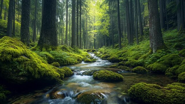 Flowing waterfall and stream in a lush forest with rocks and trees