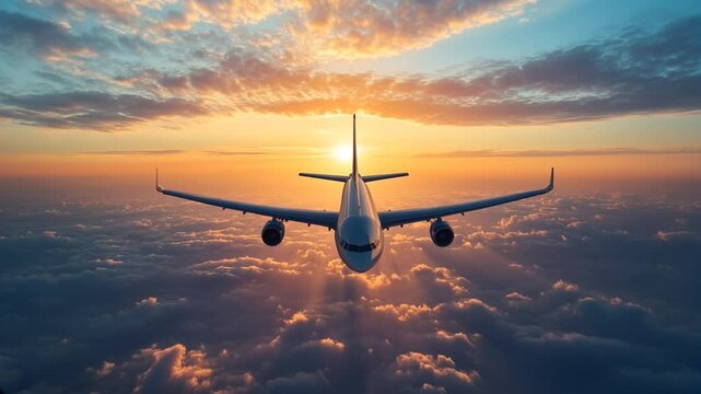 Airplane flying in the sky at sunset with clouds and sun in the background