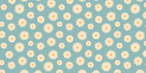 Seamless pattern with daisies on blue background. Botanical summer elements cottagecore pattern. Vector background with plants for scrapbooking, textiles.