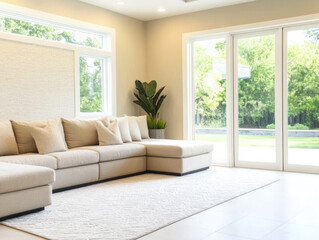 Modern living room design with large windows and light colors for a spacious feel