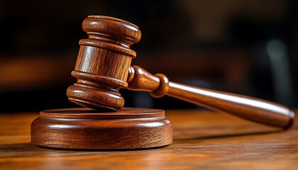 A wooden gavel resting on a matching base of dark wood