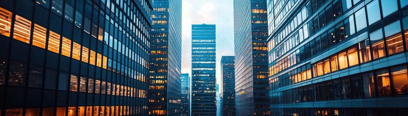 A stunning view of modern skyscrapers reflecting bright city lights.