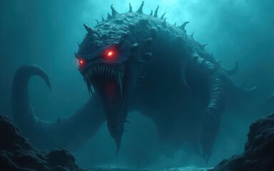 Terrifying Underwater Creature Deep Sea Monster Glowing Red Eyes Fantasy Horror