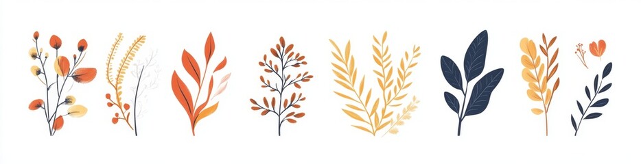 Autumnal botanical illustrations on a white background