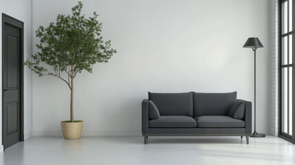 Modern living room with minimalist decor natural light and indoor plant