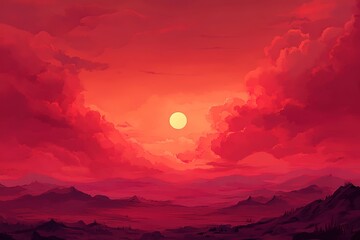 Fototapeta premium Fiery Sunset Inferno: Dramatic Red Sky, Dark Clouds, Intense Colors, Apocalyptic Atmosphere, Nature's Wrath, Crimson Hues, Evening Sky, Threatening Cloudscape, Atmospheric Phenomenon, Weather Event, 