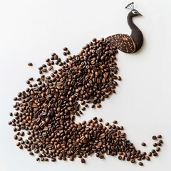 A Peacock Formed by Roasted Coffee Beans, with a Detailed Head and Neck, and a Flowing Tail of Beans, on a Clean, Light Background, Creating an Artistic and Whimsical Composition.

