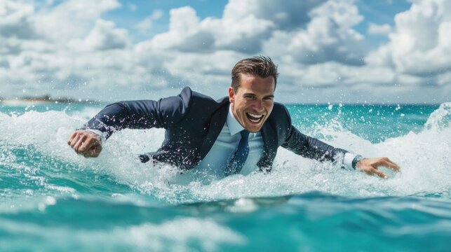 Businessman Enjoys Fun Day at the Beach While Wearing a Suit