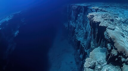 A panoramic shot of a deep ocean trench, with deep blue hues and mysterious underwater topography, symbolizing the unknown depths of the sea.