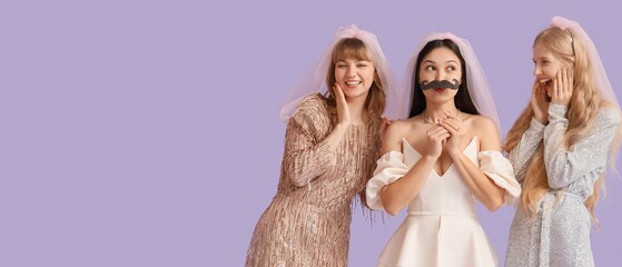 Young Asian woman with paper mustache and her bridesmaids on lilac background with space for text....