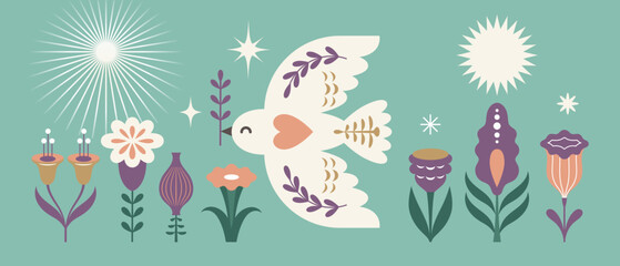 White flying stylized bird with flowers. Horizontal design