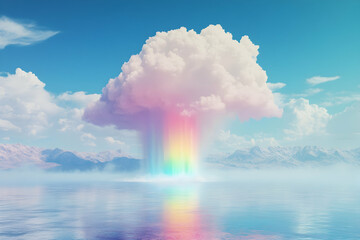 Illustration - Rainbow Cloud Over Tranquil Water and Misty Mountains