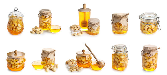 Set of tasty cashew nuts with honey on white background