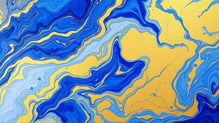 Abstract fluid acrylic painting with a marbled blue and golden liquid background, painting, golden