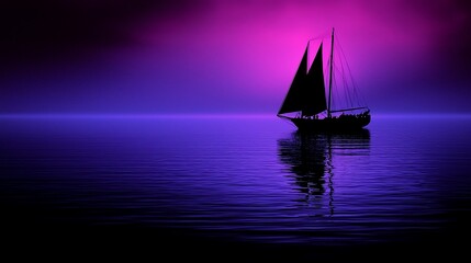 Silhouette of sailboat on purple ocean at sunset.