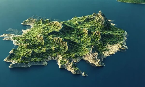 3D Rendered Island Landscape, lush vegetation, mountainous terrain, suitable for travel posters, brochures
