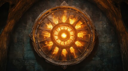 A mystical cosmic wheel with twelve zodiac signs, illuminated by ethereal light, modern astrology concept 