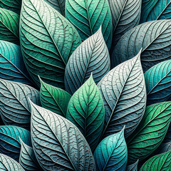 Dense Arrangement Of Green And Teal Textured Leaves Background.