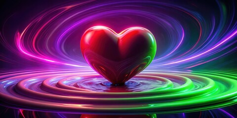 Heart made of glowing red liquid on a swirling purple background with neon green accents , glow, green