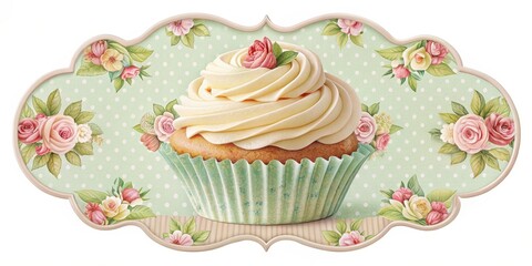 Decorative vintage style cupcake bakery label with floral patterns and pastel colors on a white background, pastel color scheme, classic cupcake designs
