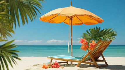 Summer Beach Vibes with Mini Umbrella and Lush Palm Leaves Under Clear Blue Sky.