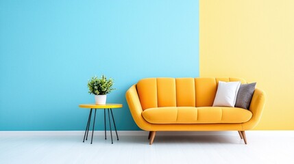 Yellow sofa in modern living room, blue and yellow walls, interior design