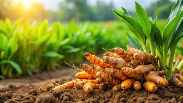 Freshly harvested turmeric roots in a field with lush greenery, plant, agriculture,  plant