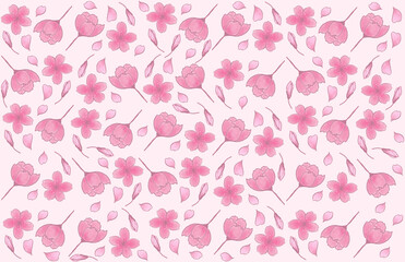 Seamless pattern pink blossom cherry on pink background 