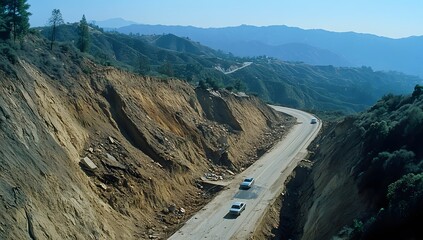 Damaged highway, landslide, mountainside, cars pass