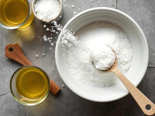 An overhead view of a hand adding sugar to an empty sugar bowl to sweeten beverages, ingredient, concept