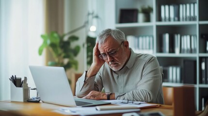Retirement financial stress in a spacious office. Featuring worry and focus