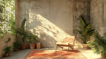 Rustic Concrete Room with Sunlight and Plants