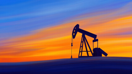 Naklejka premium Silhouette of an Oil Pump Jack Against a Vibrant Sunset Sky in a Remote Landscape