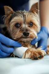 A vet carefully bandages a small dog&rsquo;s injured paw, The dog watches closely as the wrap is applied, Generative AI