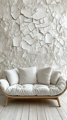 Modern Minimalist Light Beige Sofa Against a Cracked White Wall