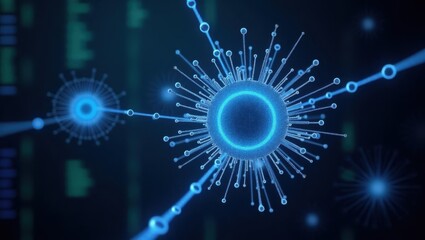 Quantum computing. Blue digital virus particles with glowing connectio