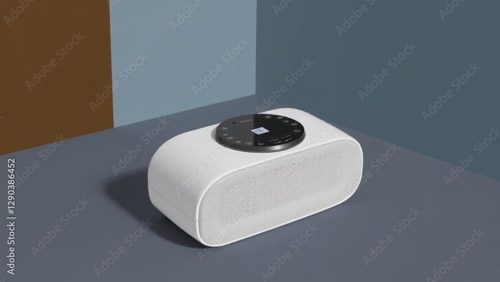 Poster sleep sound machine. white speaker is sitting on table in corner