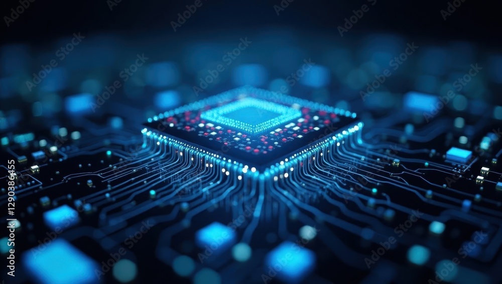 Aufkleber quantum computers. electronic circuit board is illuminated by blue lights