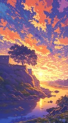 Fototapeta premium The golden glow of the ancient walls in anime style and the sunrise over the fortress reflected in the calm sea