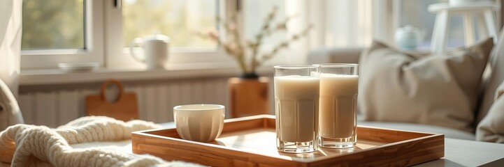 A tranquil morning setting with glasses of milk on a wooden tray, sunlight filtering through the room, creating warmth and coziness, peaceful, tranquil