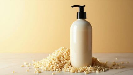 Rice water shampoo. Bottle of milk is sitting on pile of rice