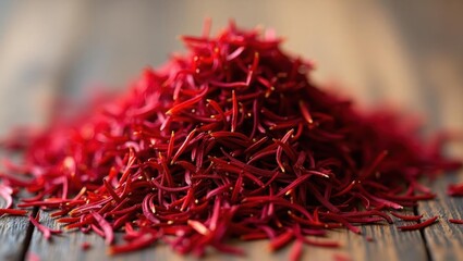 Fototapeta premium Saffron supplement. Close-up of vibrant red saffron threads heaped on rustic wooden table, perfect for culinary, health, spice market, or natural remedy themes, with warm earthy tones and selective f