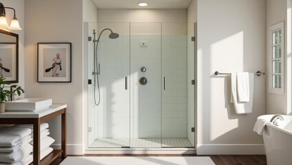 Tandem Shower. Modern glass shower enclosure bathroom interior bright