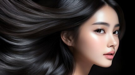 Obraz premium Asian Hair Model for Advertising Hair Care. Close-up portrait of a woman with flowing hair