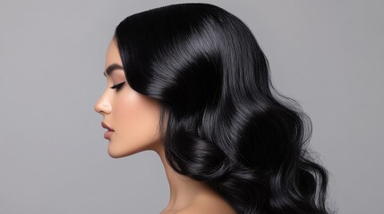 Fototapeta premium Asian Hair Model for Advertising Hair Care. Elegant woman with glossy, styled black hair.